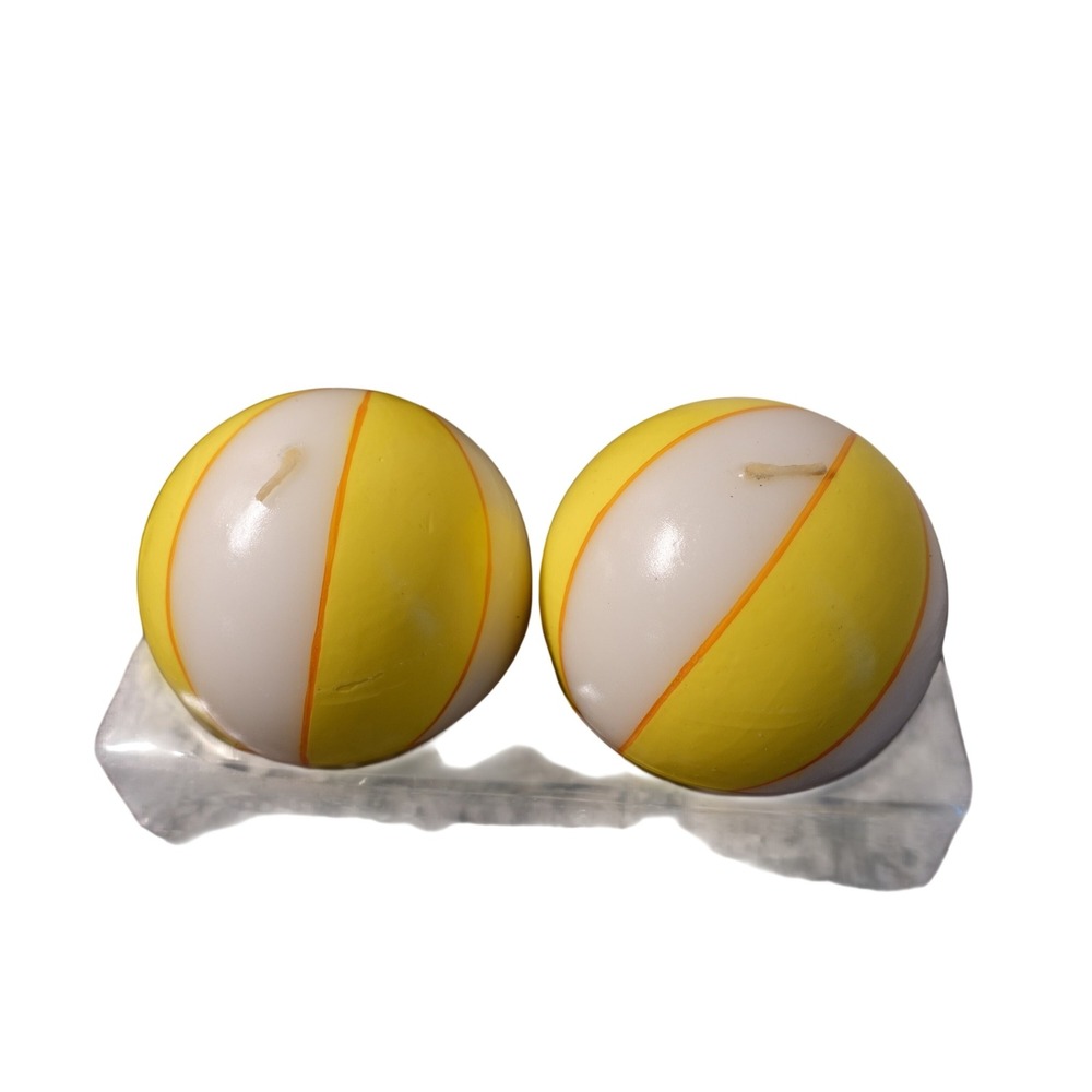 Target 2005 Beach‎ Ball Candles Set of 2 Yellow White Striped Summer Decor NEW